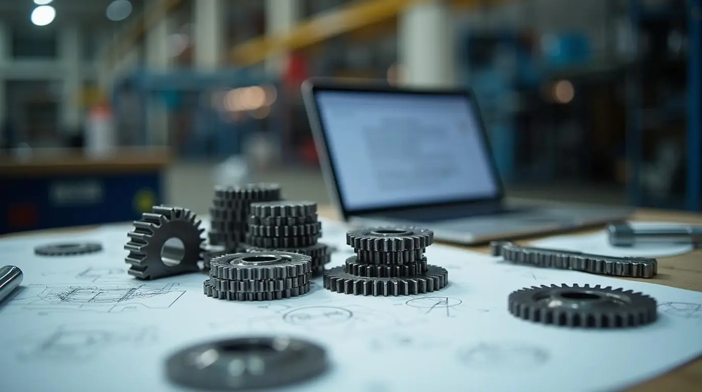 Technical drawings and metal sprocket samples for industrial chain and sprocket procurement planning