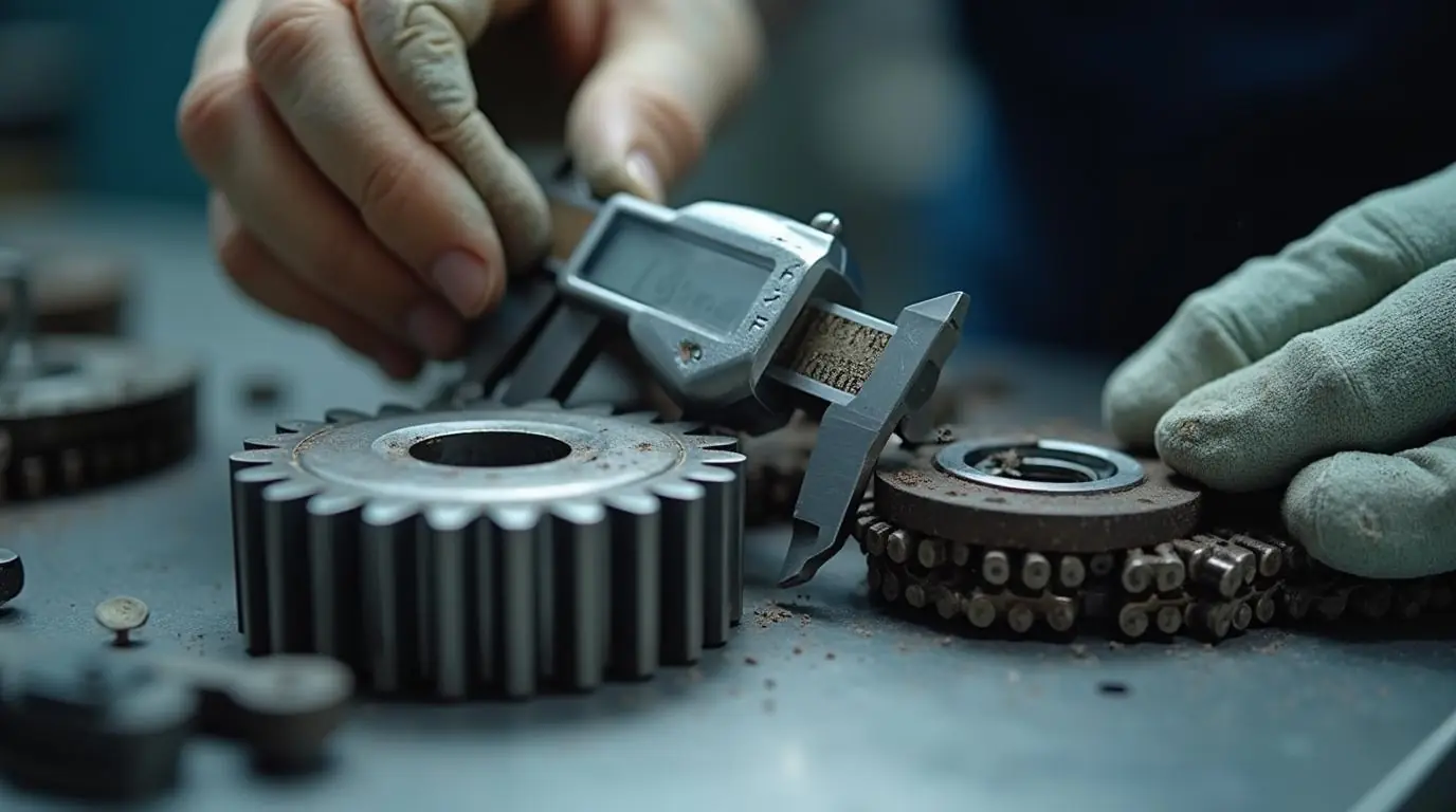 Technical inspection scene of an industrial chain and sprocket being measured with callipers