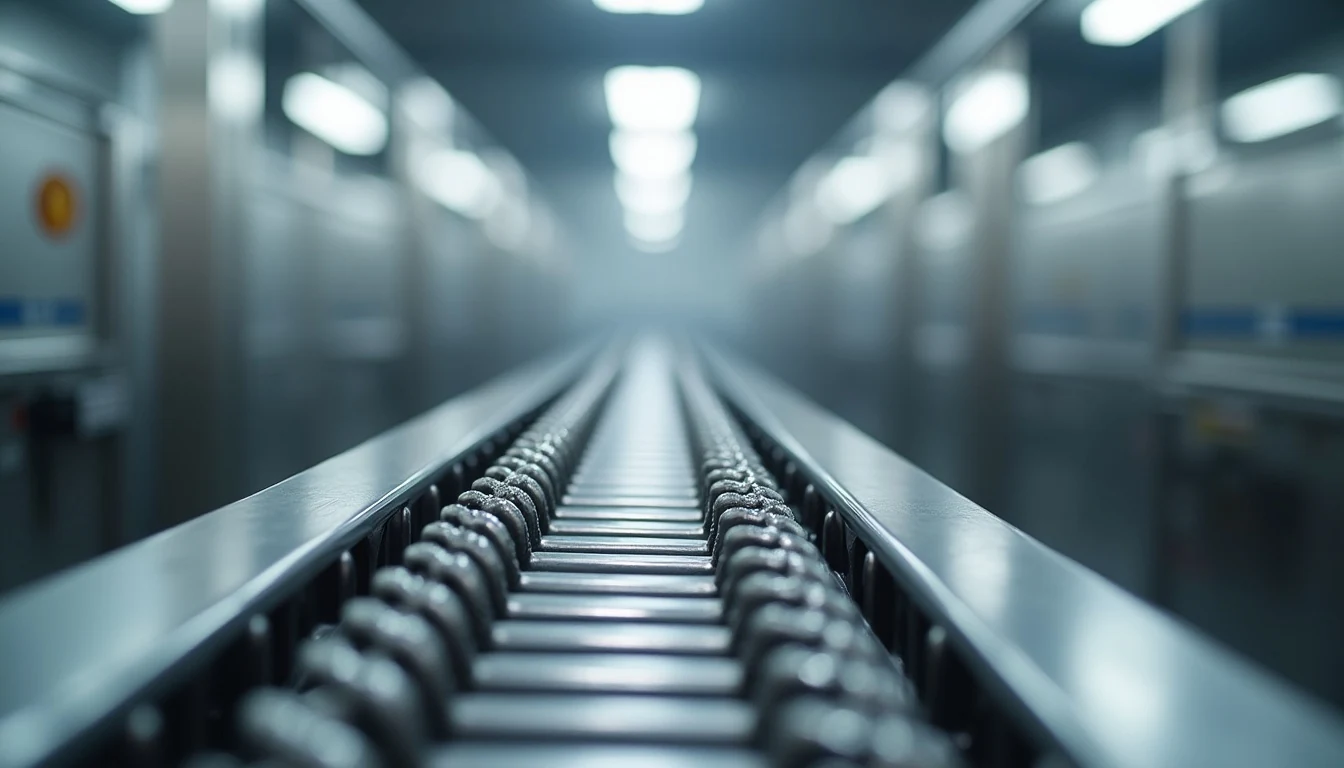 Stainless steel conveyor chain in operation at a food processing plant