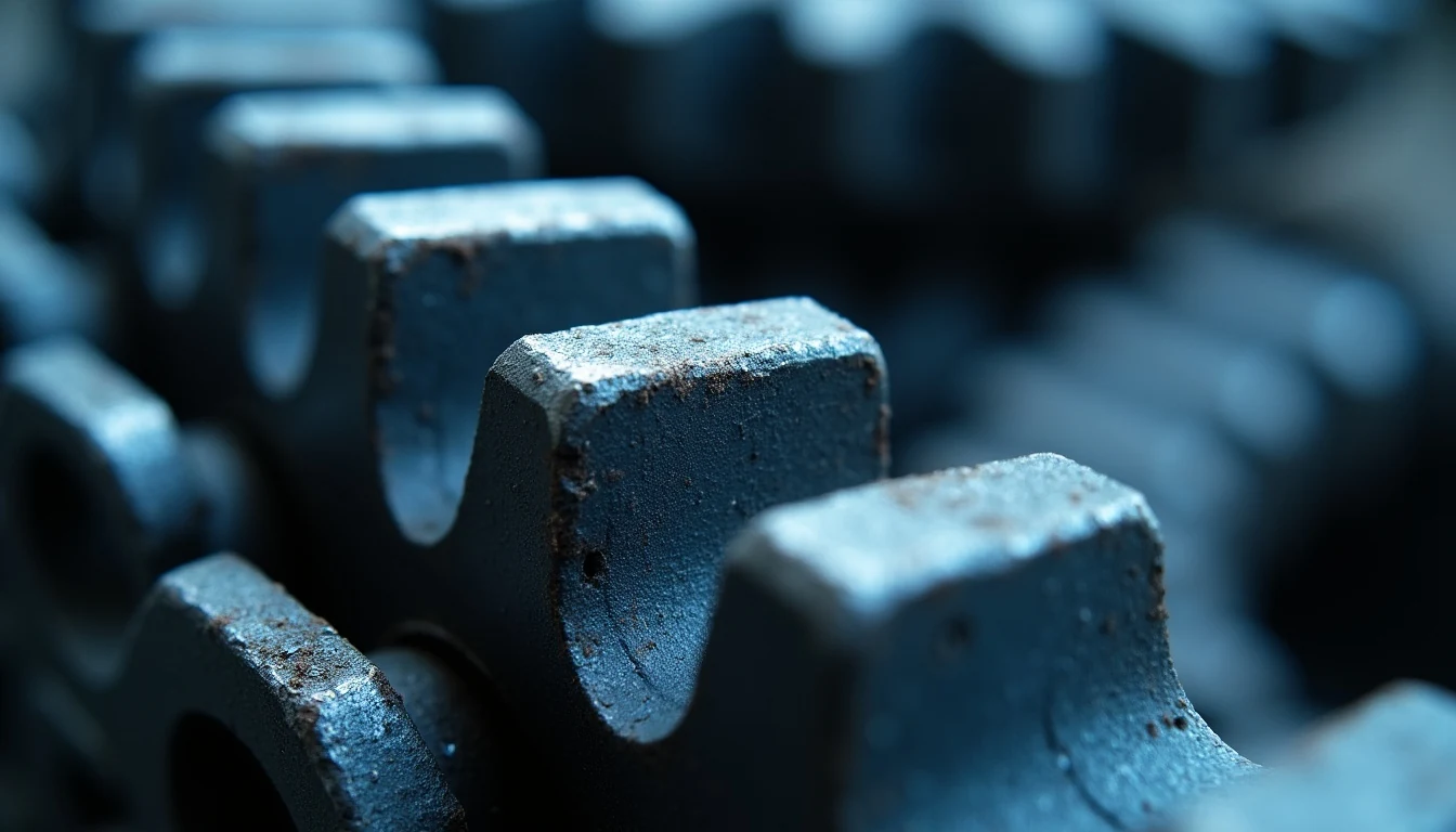 Detailed view of wear pattern and hardness analysis on steel sprocket and chain teeth