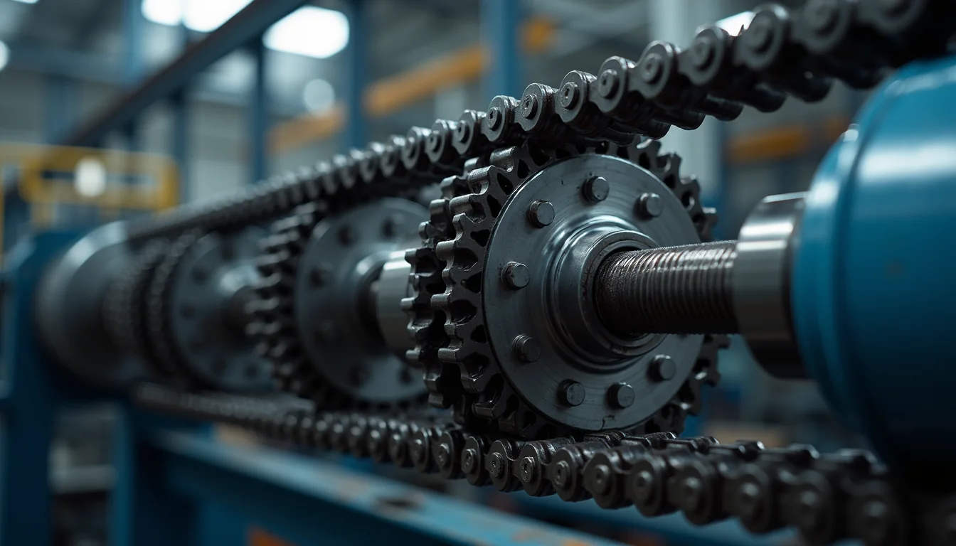Technician performing wear inspection on an industrial chain and gear system
