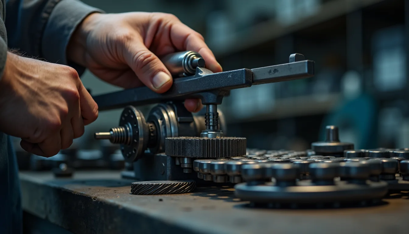 Industrial maintenance scene of a technician measuring chain elongation and wear