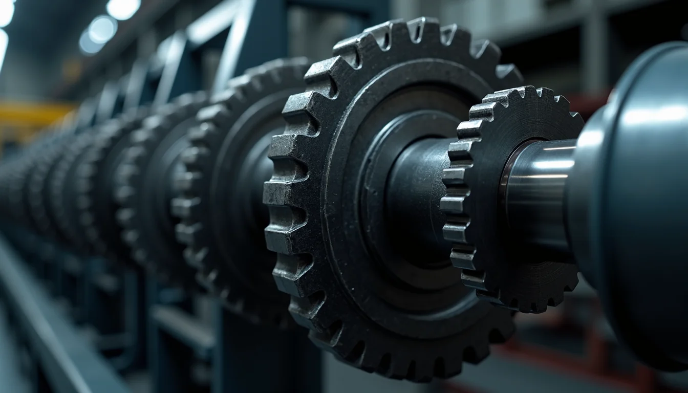 Close-up of a chain and sprocket power transmission system - the intersection of a steel chain with a metal sprocket in an industrial application