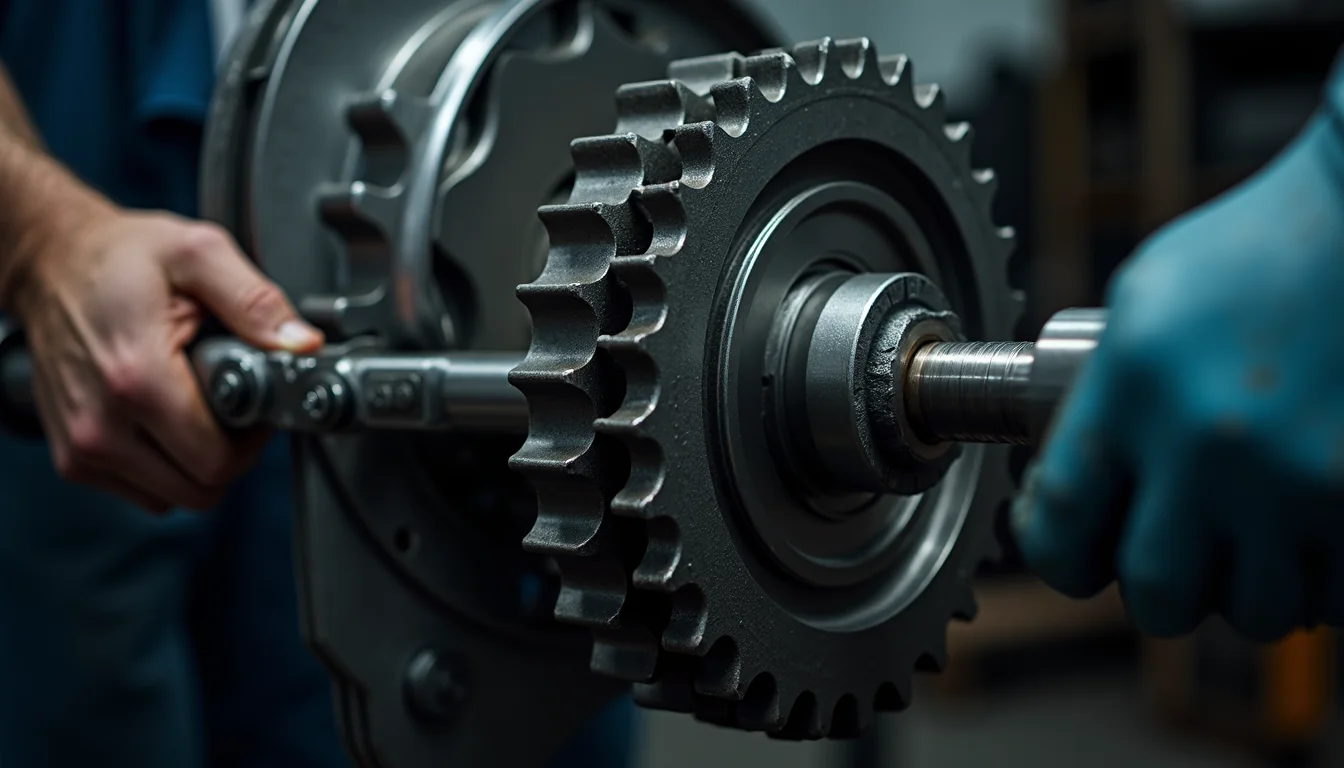 Industrial chain and sprocket assembly process, a mechanic's hand fitting the chain onto the sprocket