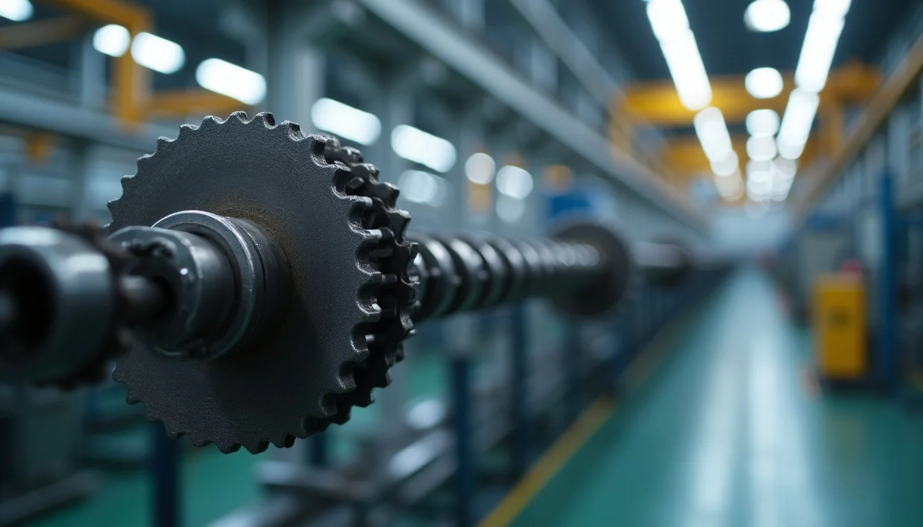 Completed chain and sprocket power transmission system installation on a factory production line