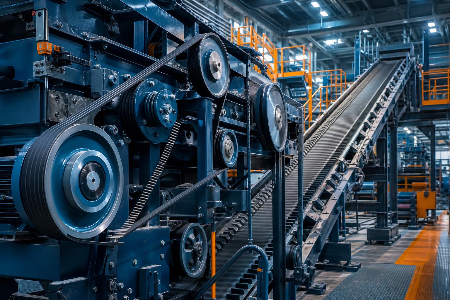Endüstriyel kayış sistemleri fabrika genel görünümü - konveyör bant ve güç aktarım sistemleri
