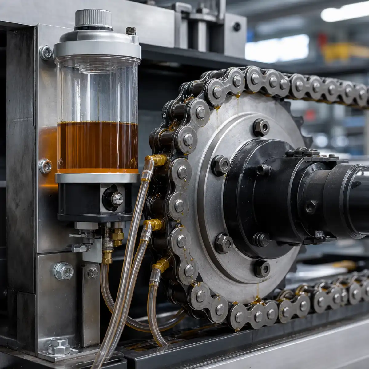 Automatic chain lubrication system – chain lubrication with a drip oiler on industrial machinery