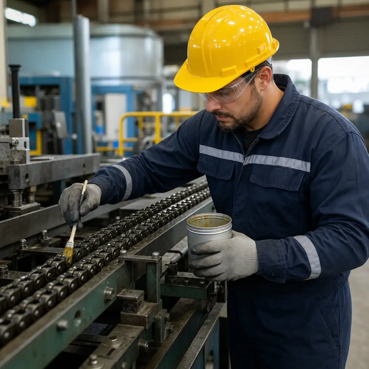 Manual chain lubrication – a worker lubricating an industrial conveyor chain with a brush
