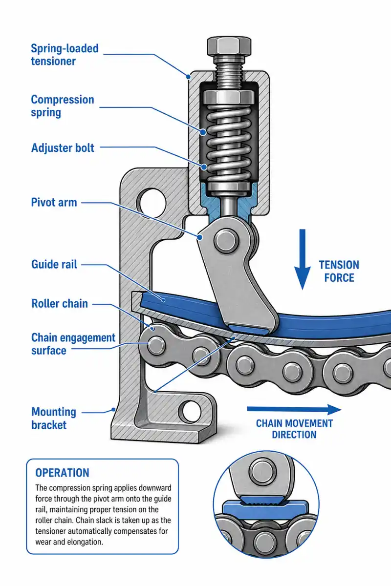 chain tensioning adjustment mechanism cross-section technical drawing