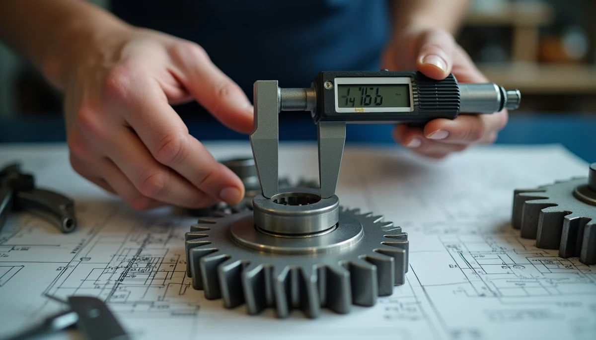 Engineer measuring a gear with a digital micrometre
